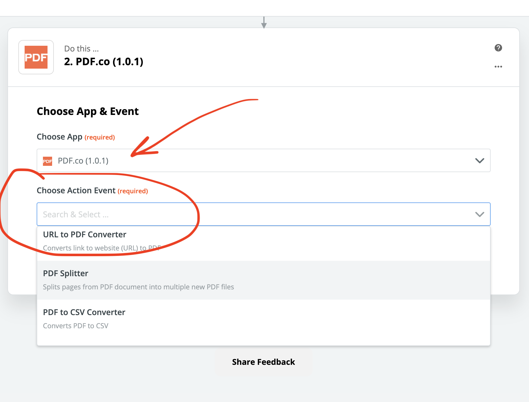 Now configure PDF.co and select the action you will use