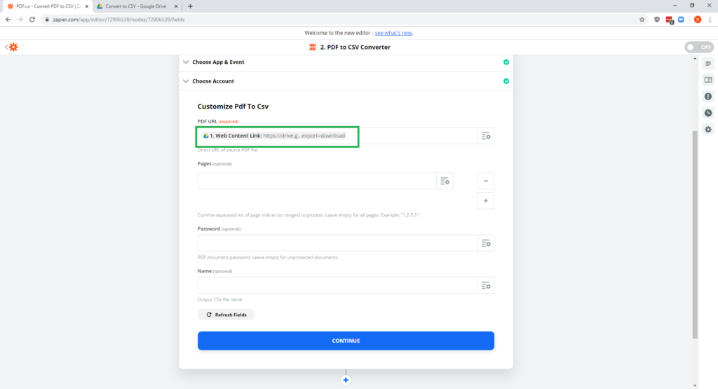 Step 11 - PDF-co Zapier Google Drive - PDF to CSV