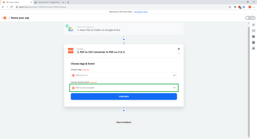 Step 9 - PDF-co Zapier Google Drive - PDF to CSV