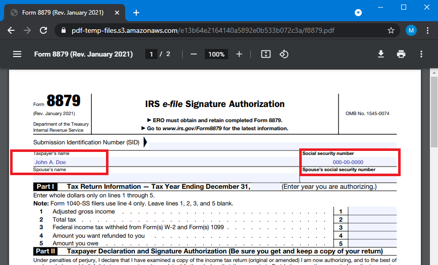 Sample Filled Out IRS Form 8879