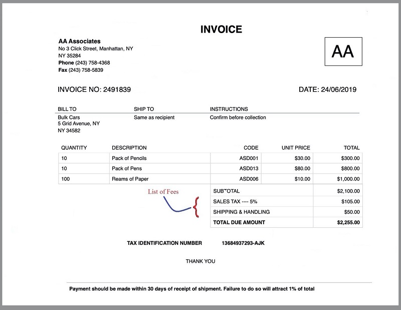 Invoice List of Fees