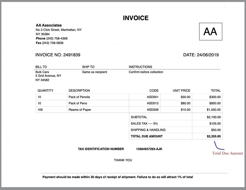 simple invoice template that calculates totals