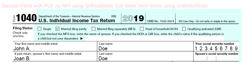 How to Fill out PDF Form 1040 using PDF.co Web API with cURL? - PDF.co