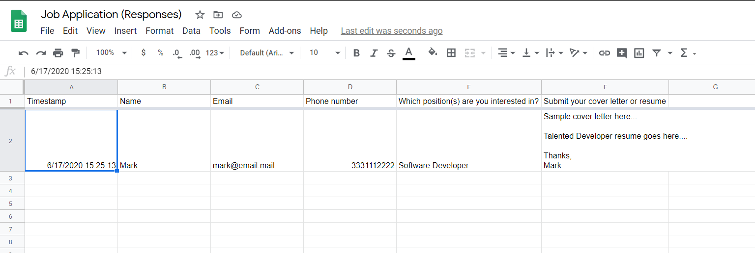 Job Application Response Spreadsheet