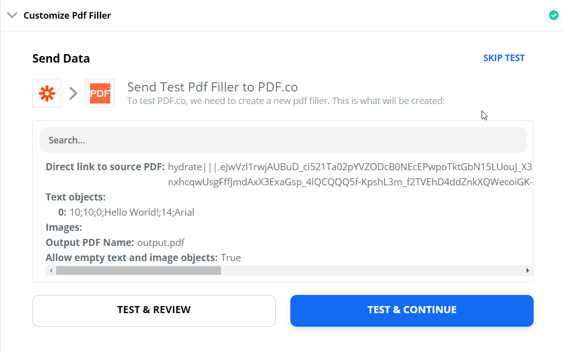 Send PDF Filler To Test Action