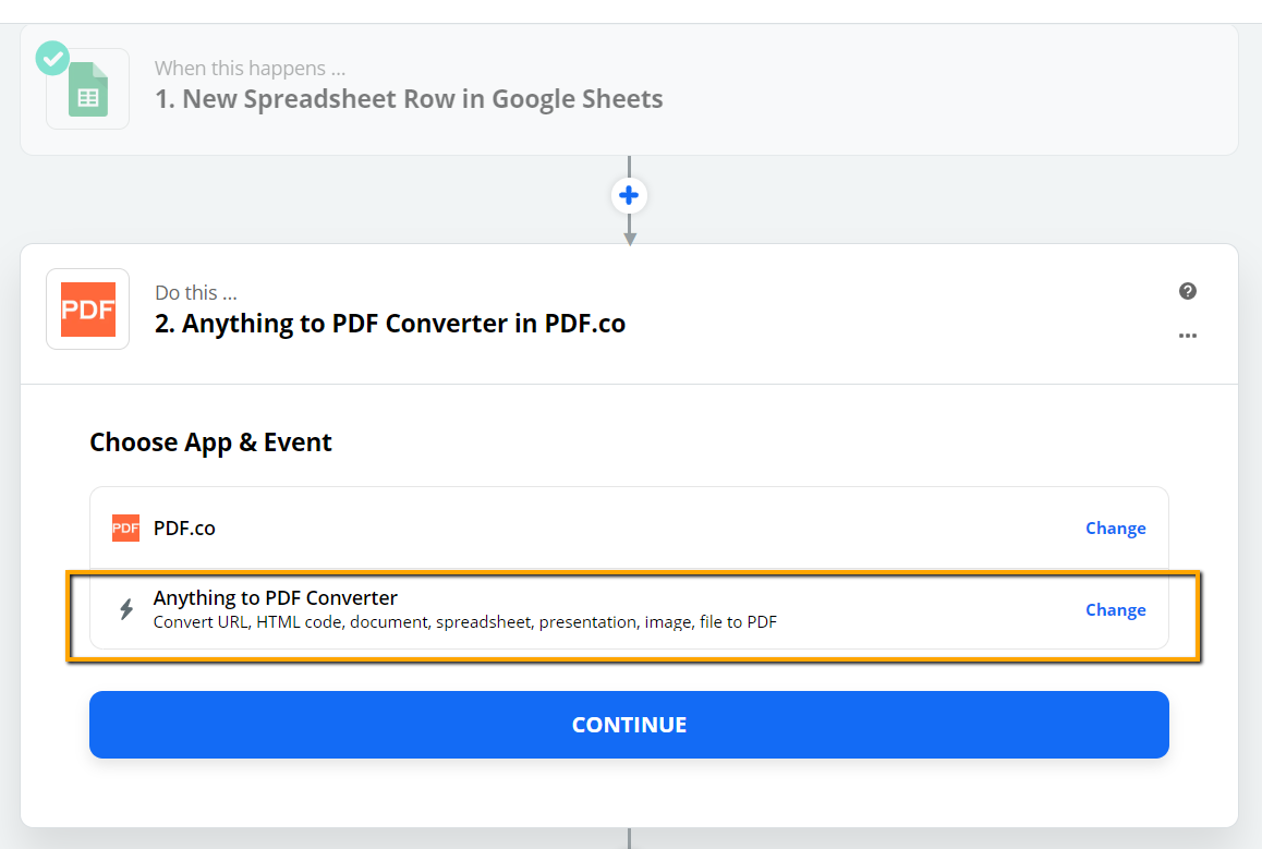 Set Anything to PDF Converter As The Action Step