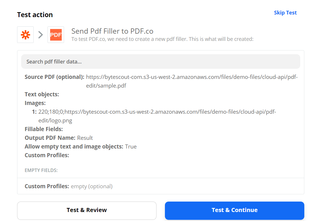 Send PDF Filler Data To Test And Review
