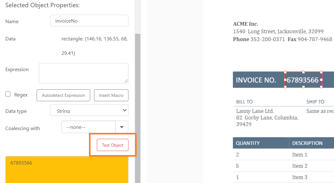 Test Field From Rectangle Object To Extract Invoice Number