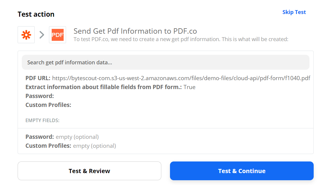 Send Get PDF Information To PDF.co To Test And Review