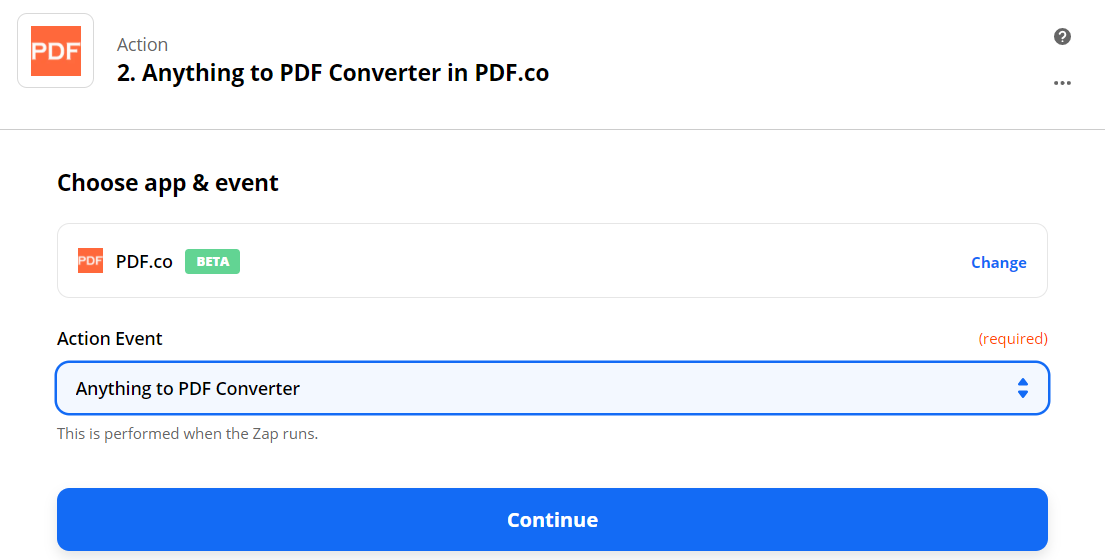 Setup Anything To PDF Converter As The Action Step