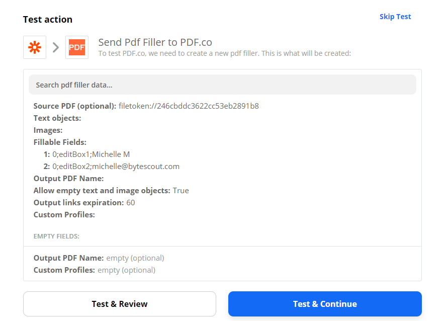 Send PDF Filler Data To PDF.co To Test And Review