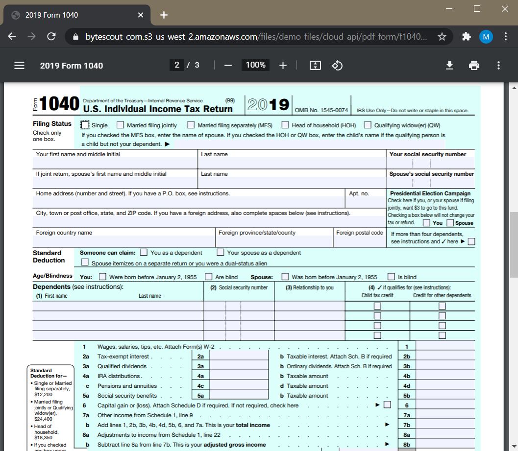Form 1040 To Extract Form Fields Using PDF.co
