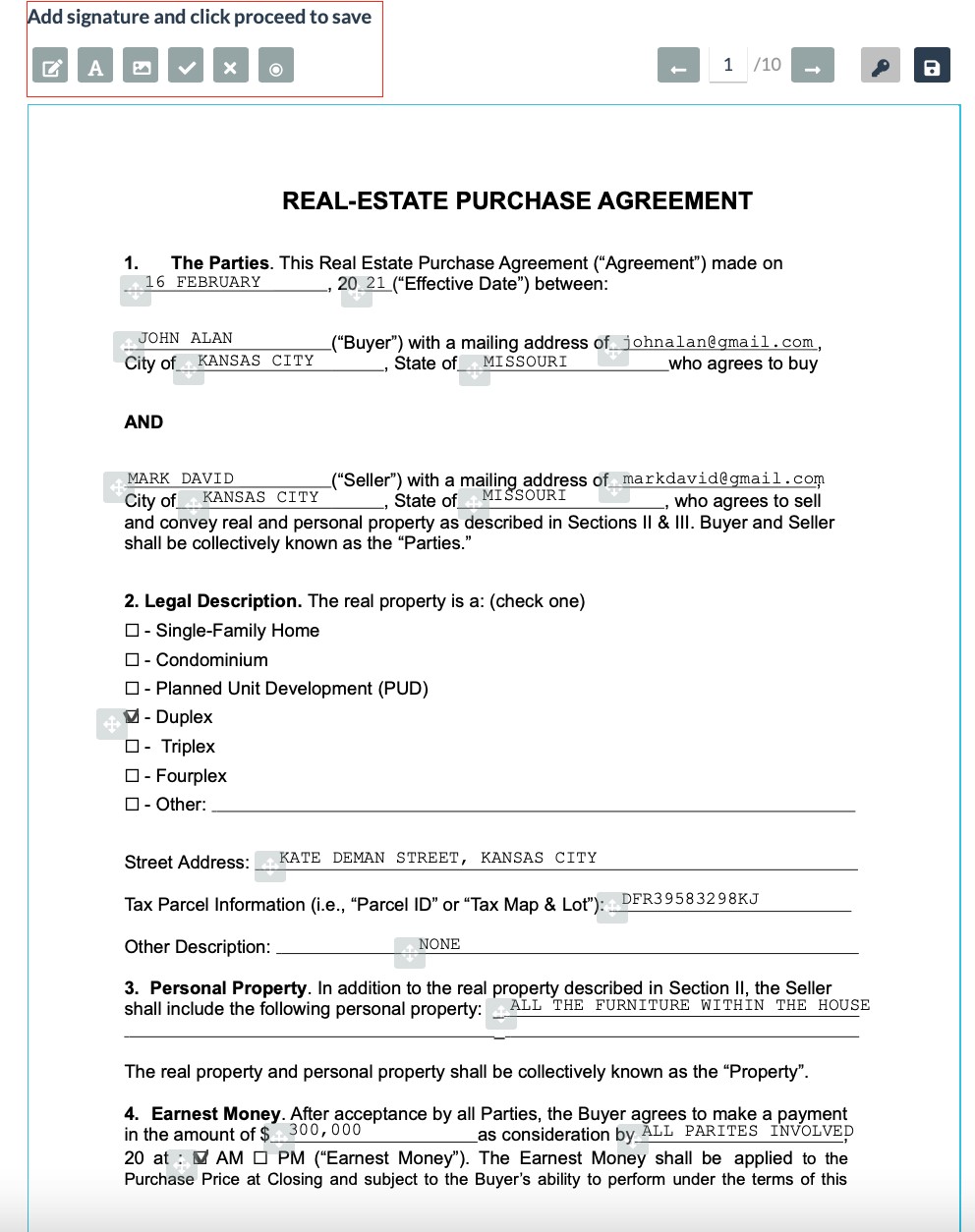 Real Estate Purchase Agreement Filled