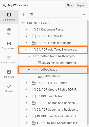 Postman Collections Tab With PDF.co API Endpoints