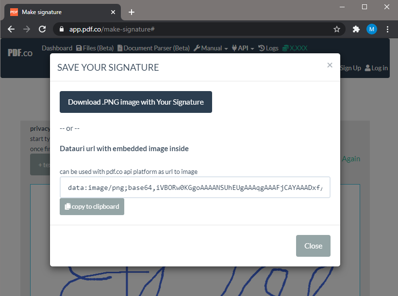 Download Signature And Copy Data URI