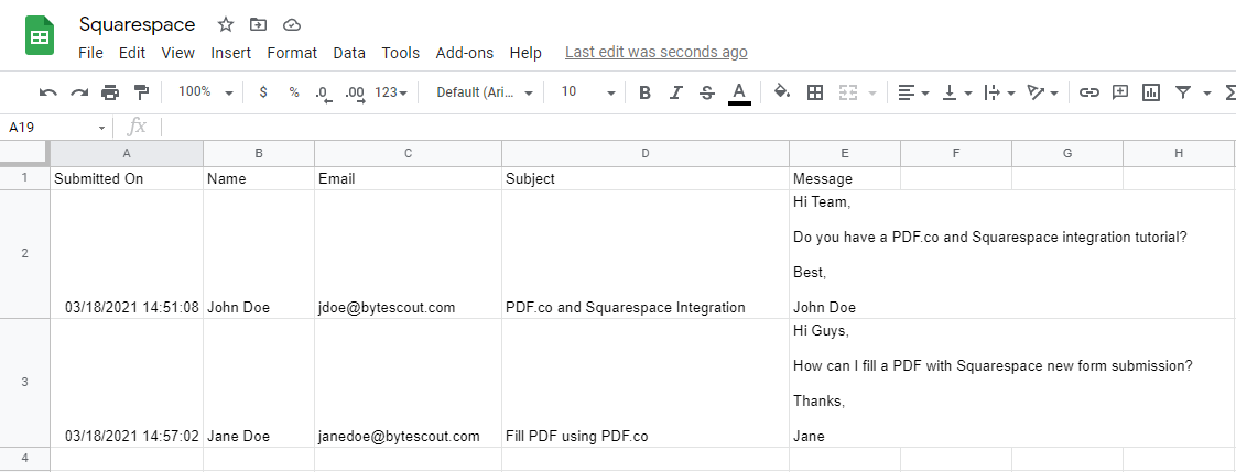 Squarespace Submission Google Spreadsheet