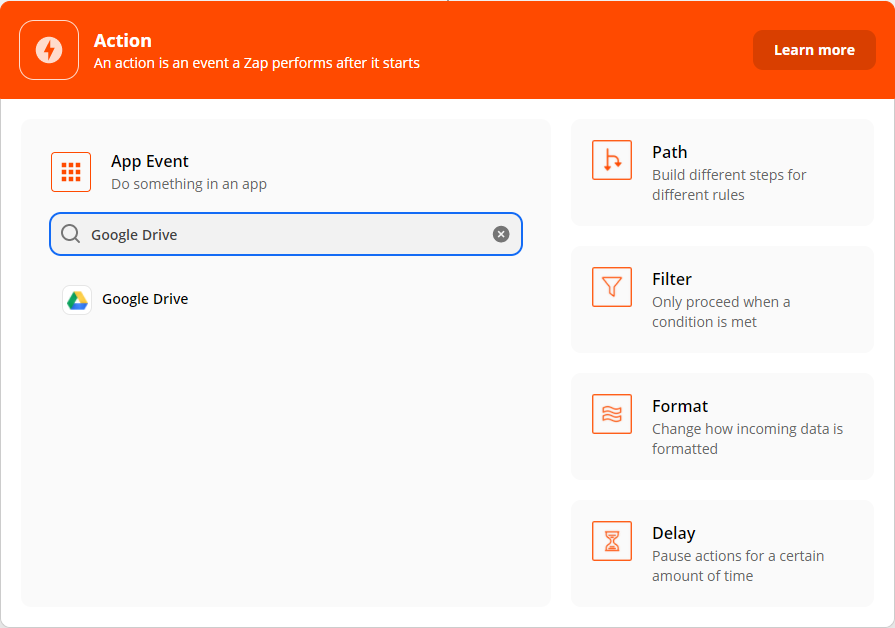 Choosing Google Drive as the other action app event