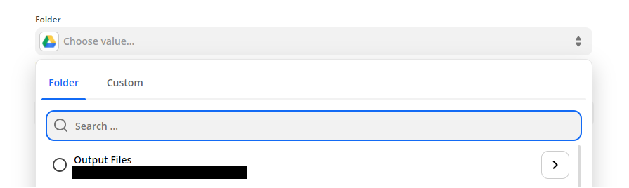 Choosing the desired folder where the files will be uploaded