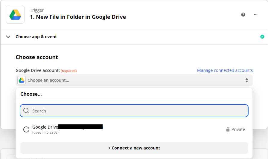 Choosing a Google drive account to be used.