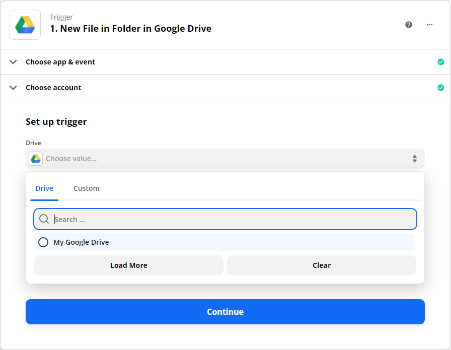 Choosing My Google Drive as the drive to be used