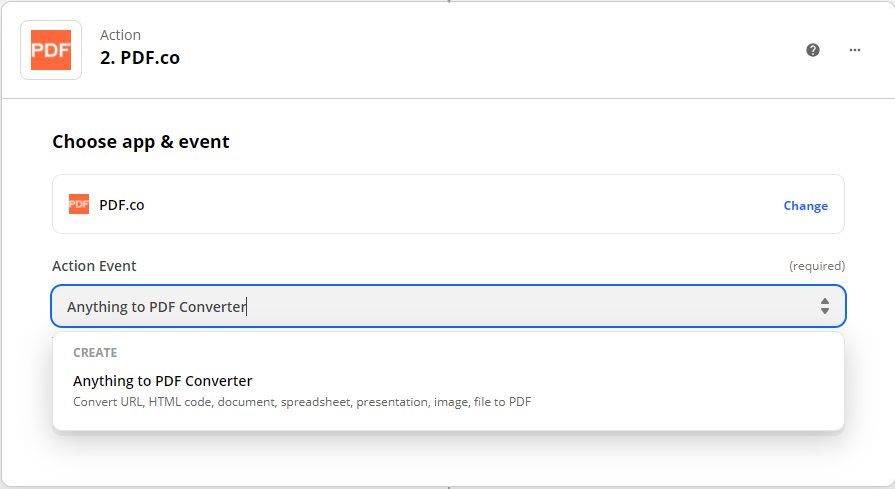 Choosing Anything to PDF Converter as the Action Event