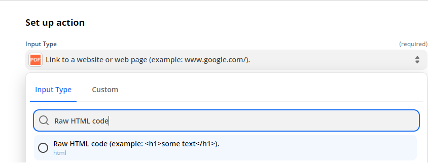 Choosing Raw HTML code as the input type 