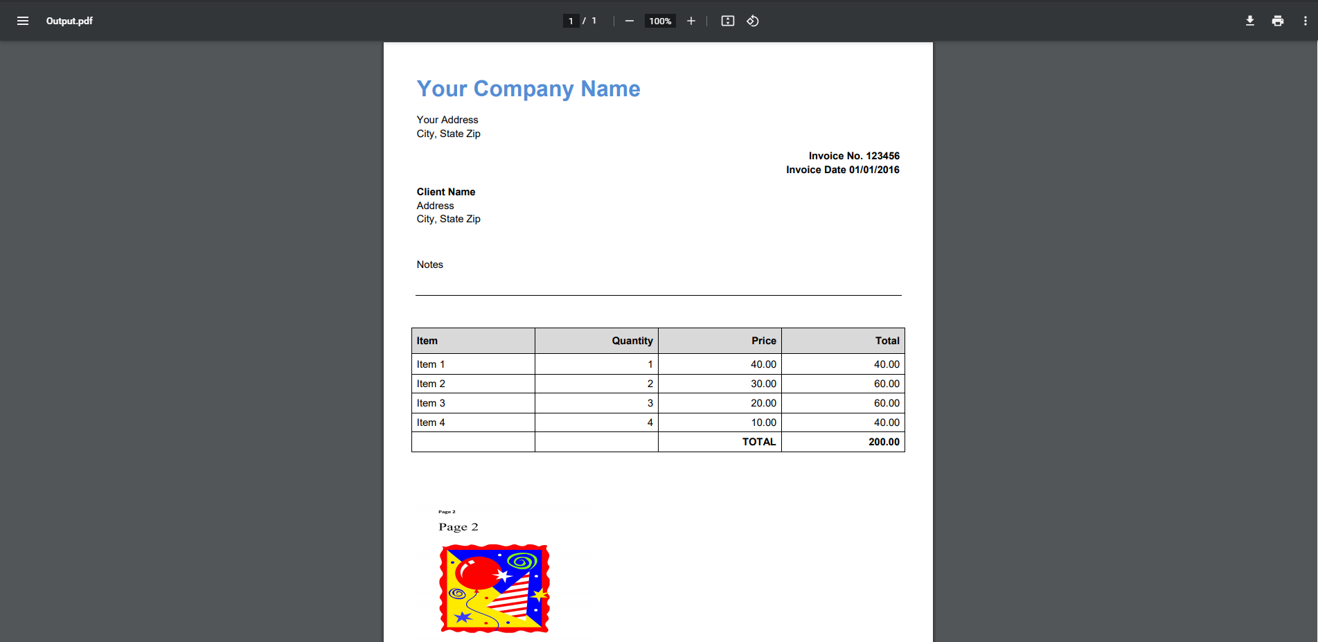 Screenshot of the Output PDF with the sample image on it