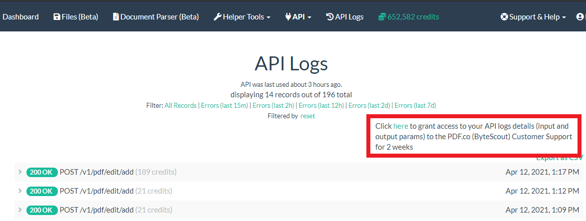 PDF.co API Log Grant Access To PDF.co Support