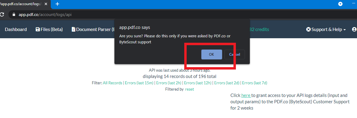 PDF.co API Log Access Confirmation