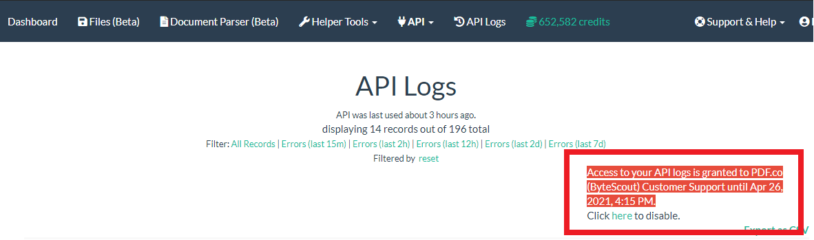 PDF.co API Log Access Status And Revoke Access Link