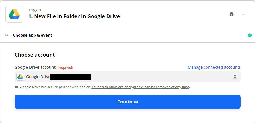 Connecting google drive account to zapier