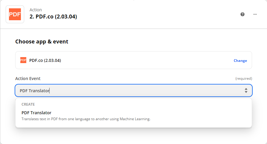 Choosing PDF Translator as the action event