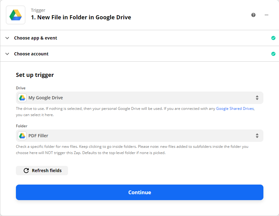Choosing My Google Drive as the drive to be used and selecting the folder that contains the PDF File