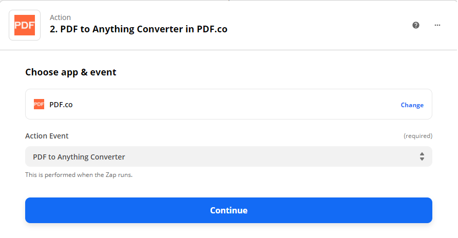 Choosing PDF.co as the Action and PDF to Anything Converter as the Action Event