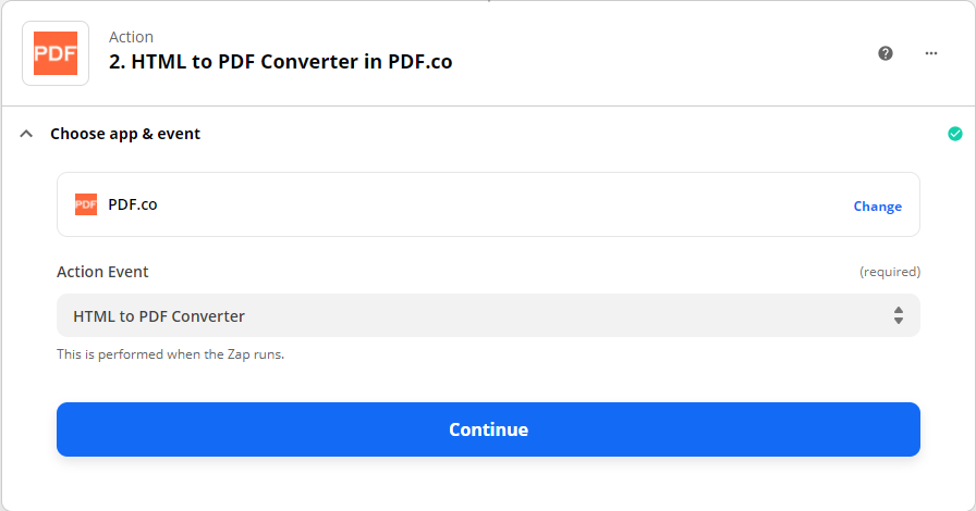 Choosing PDF.co as the Action and HTML to PDF Converter as the Action Event