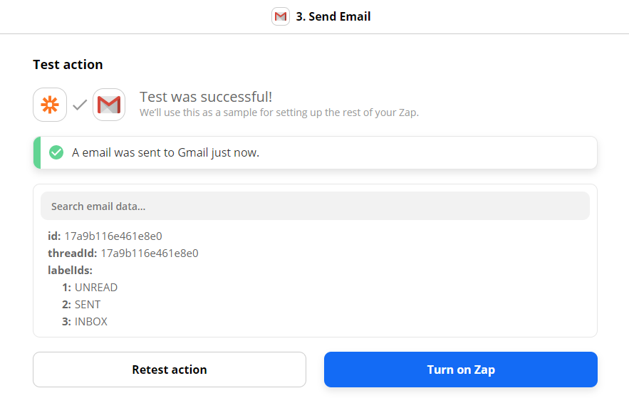 Gmail Send Email Action Test Confirmation