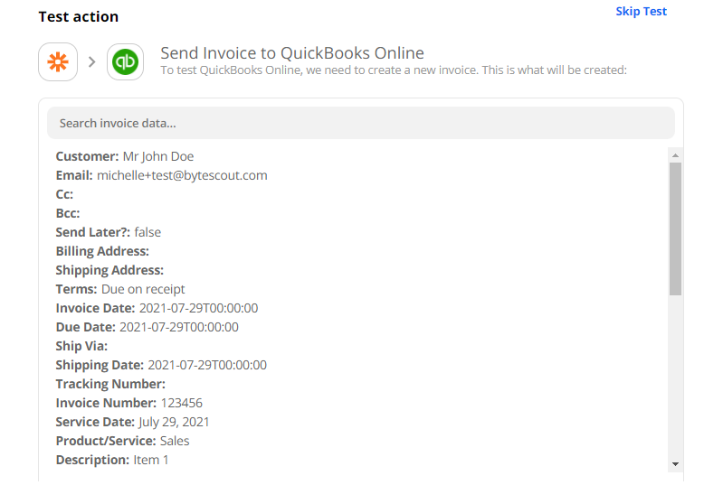 Send Create Invoice Event To Quckbooks