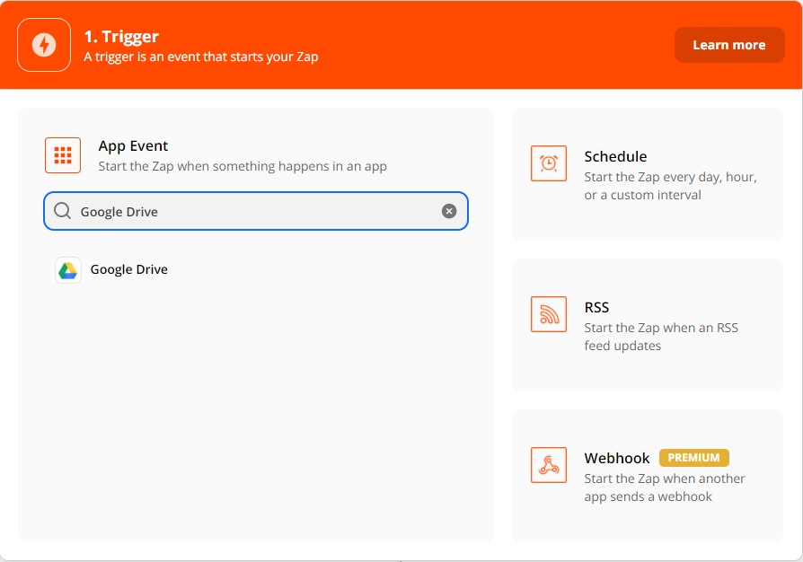 Selecting Google Drive as the Trigger App