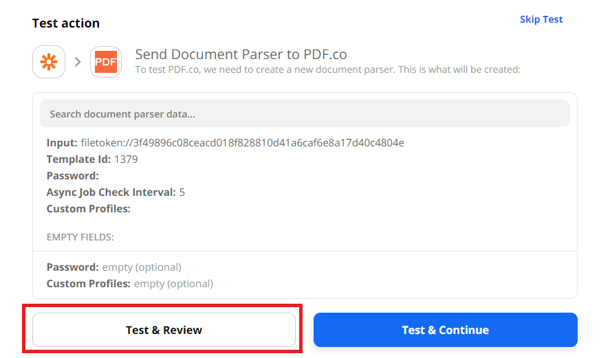 Test PDF.co Document Parser Configuration