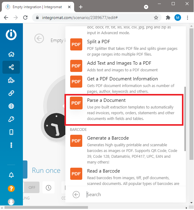 Choose PDF.co Document Parser Module In Integromat