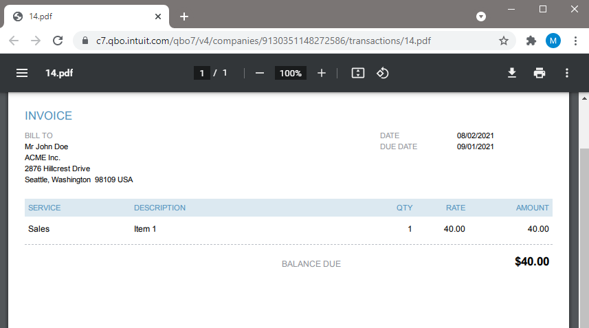 Generated QuickBooks Online Invoice From Parsed PDF Data