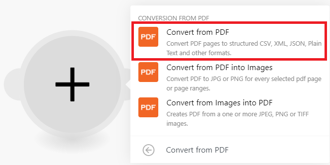 Create a PDF.co module, then select Convert from PDF