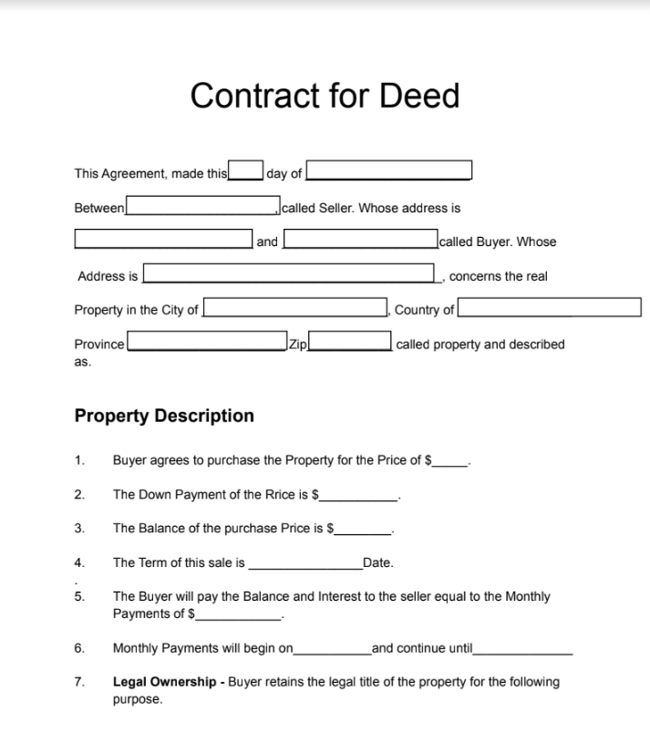 Contract Of Deed Form Sample