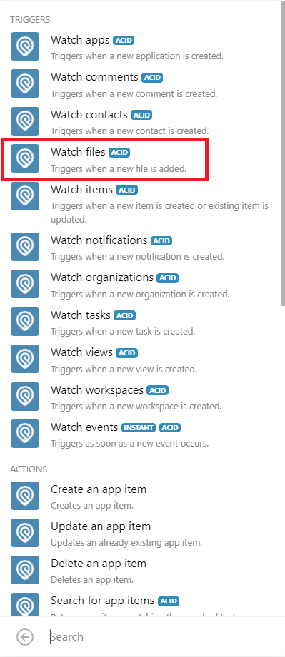 Create a module for Podio, then select Watch Files