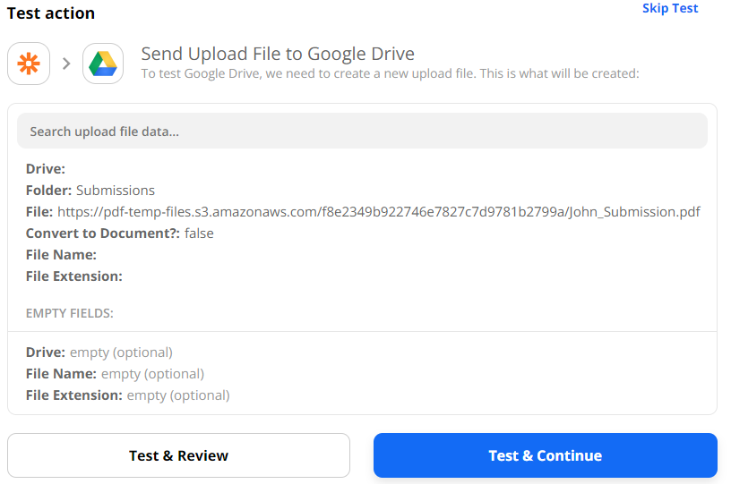 Test Google Drive action