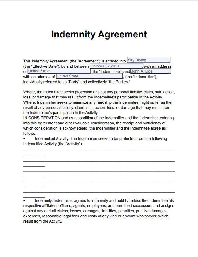 Indemnity Agreement Output
