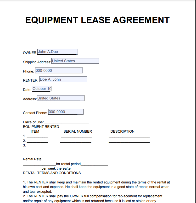 Property And Equipment Lease Form Output