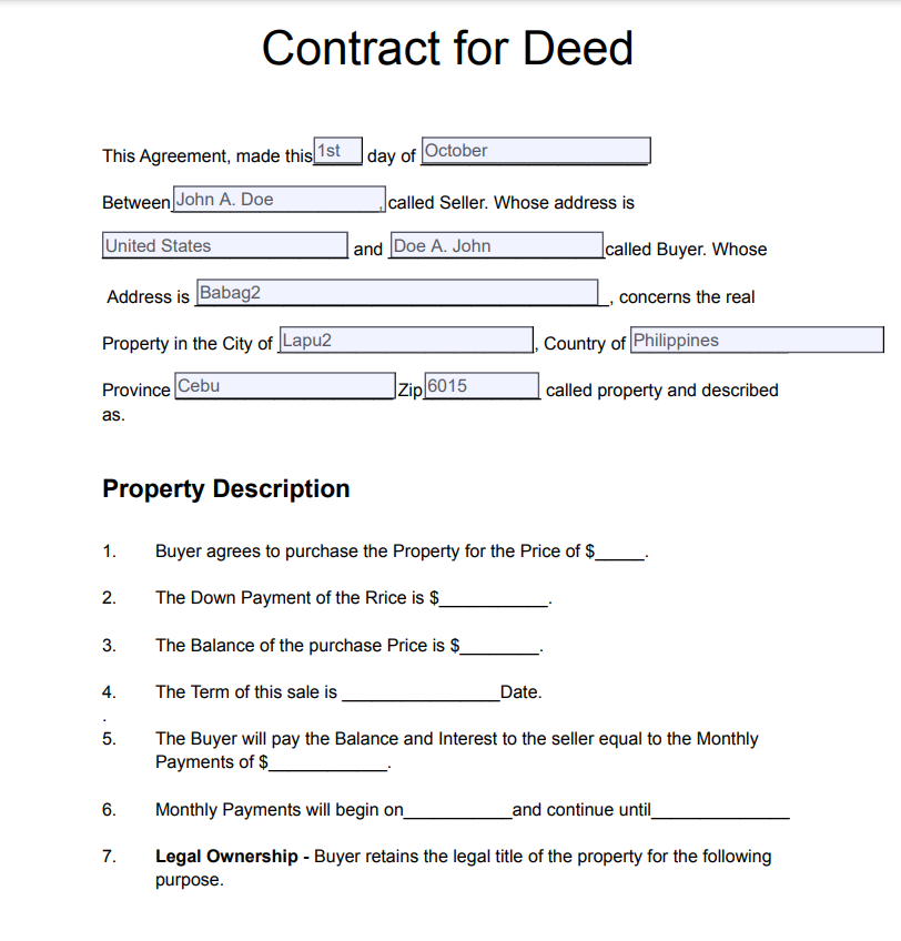 Contract For Deed Output