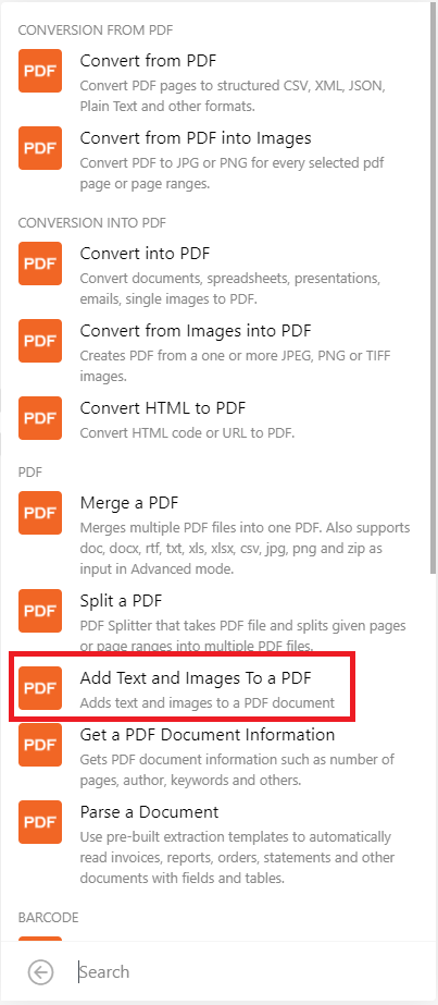 Create a PDF.co module, then select Add Text and Images To a PDF