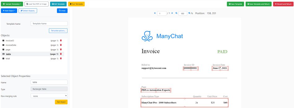Add table from rectangle selection for table data
